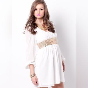 RICKETY RACK #52 White Gold Sequin Waist Long Sleeve Holiday Party Dress S/M